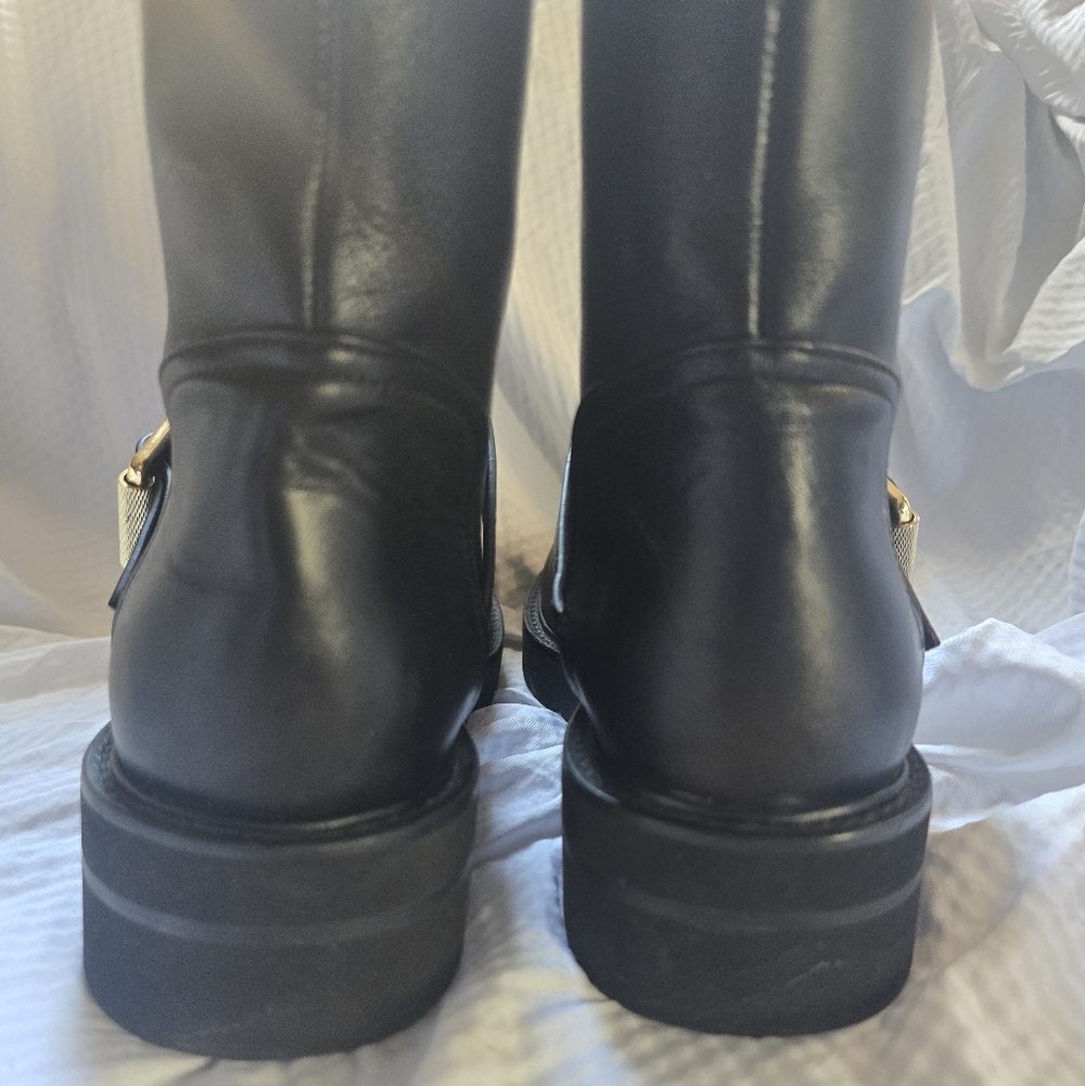 Stuart Weitzman NEW Black Combat Boots with Gold Buckle - Picture 6 of 14